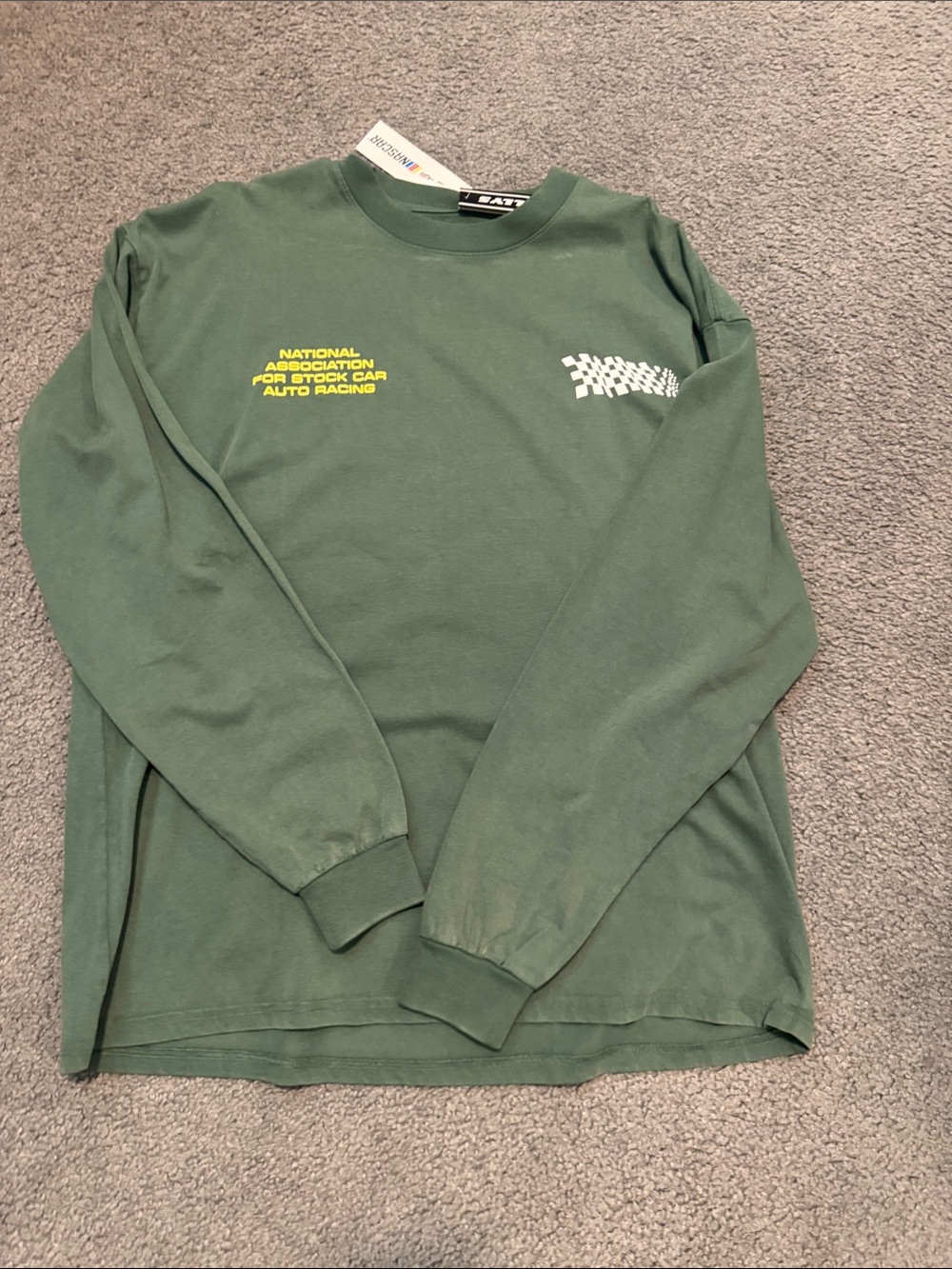 Tilly's Olive Green Long Sleeve Racing Graphic Tee with Yellow Logo